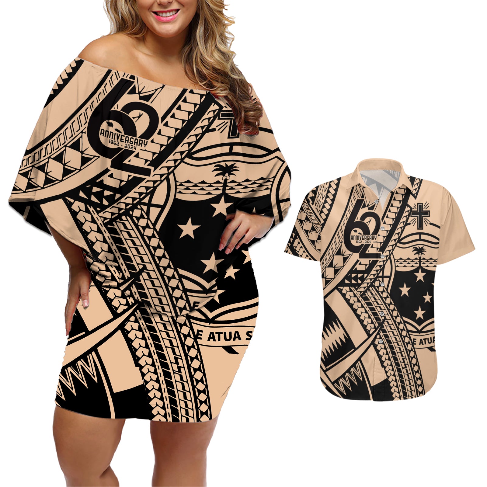 Custom Samoa Manuia le 62 Tausaga O le Tuto’atasi Couples Matching Off Shoulder Short Dress and Hawaiian Shirt Samoan Tatau Beige Art