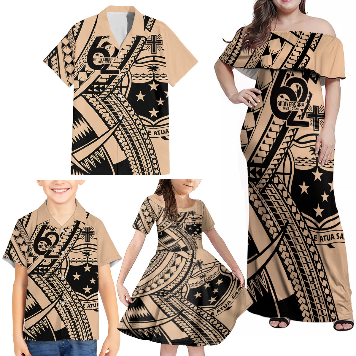 Custom Samoa Manuia le 62 Tausaga O le Tuto’atasi Family Matching Off Shoulder Maxi Dress and Hawaiian Shirt Samoan Tatau Beige Art