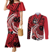 Custom Samoa Manuia le 62 Tausaga O le Tuto’atasi Couples Matching Mermaid Dress and Long Sleeve Button Shirt Samoan Tatau Red Art