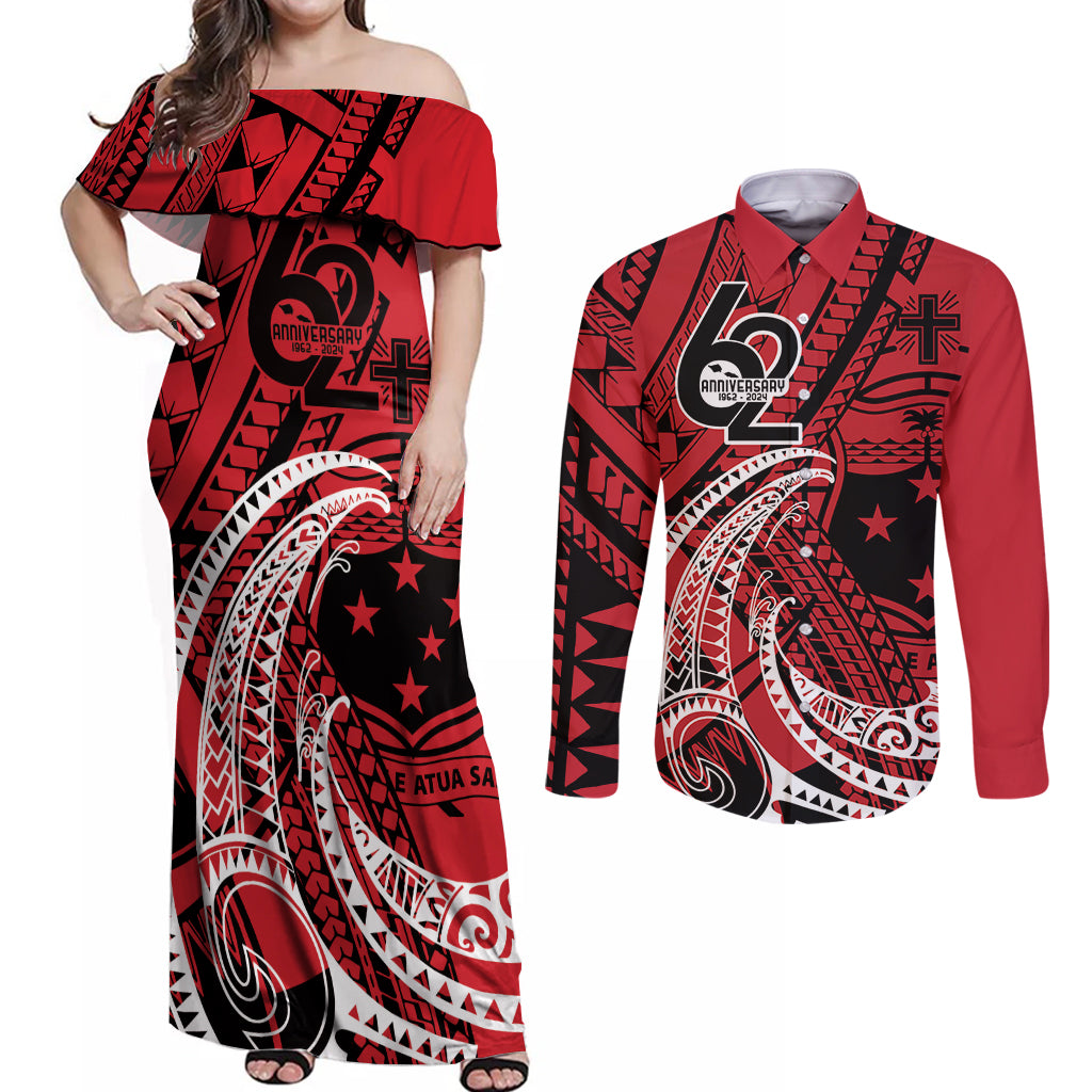 Custom Samoa Manuia le 62 Tausaga O le Tuto’atasi Couples Matching Off Shoulder Maxi Dress and Long Sleeve Button Shirt Samoan Tatau Red Art