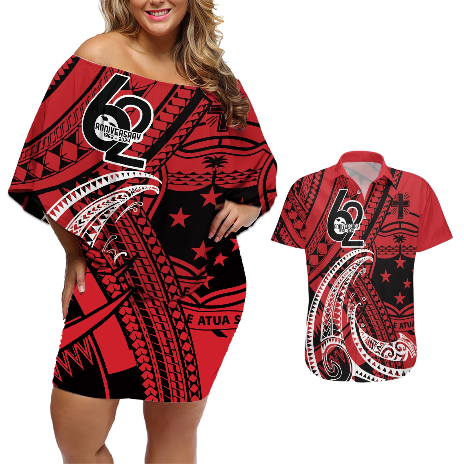 Custom Samoa Manuia le 62 Tausaga O le Tuto’atasi Couples Matching Off Shoulder Short Dress and Hawaiian Shirt Samoan Tatau Red Art