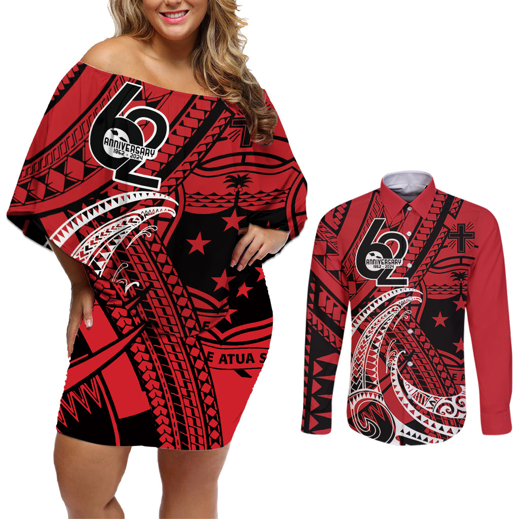 Custom Samoa Manuia le 62 Tausaga O le Tuto’atasi Couples Matching Off Shoulder Short Dress and Long Sleeve Button Shirt Samoan Tatau Red Art