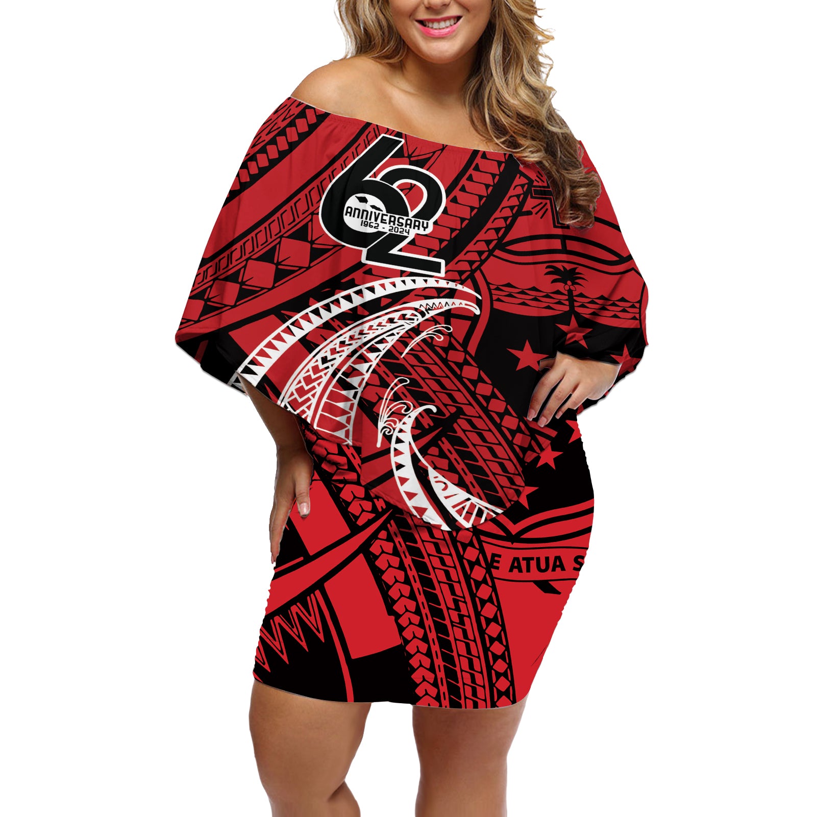 Custom Samoa Manuia le 62 Tausaga O le Tuto’atasi Off Shoulder Short Dress Samoan Tatau Red Art