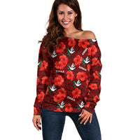 Tonga Rugby Off Shoulder Sweater Polynesian Style With Hibiscus LT9 Women Red - Polynesian Pride