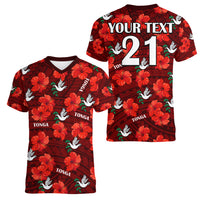 (Custom Text And Number) Tonga Rugby Women V Neck T Shirt Polynesian Style With Hibiscus LT9 - Polynesian Pride