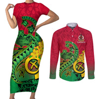 Vanuatu Islands Couples Matching Short Sleeve Bodycon Dress and Long Sleeve Button Shirts Polynesian Tattoo and Sea Turtle LT9 Green - Polynesian Pride