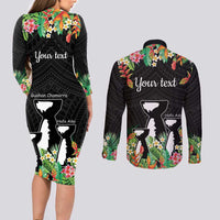 671 Guam Personalised Couples Matching Long Sleeve Bodycon Dress and Long Sleeve Button Shirt Latte Stone and Tropical Flowers