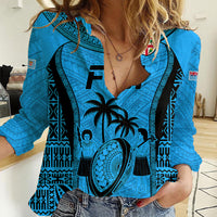 Fiji Rugby Women Casual Shirt Go Champions World Cup 2023 Tapa Unique Blue Vibe LT9 Female Blue - Polynesian Pride