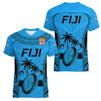Fiji Rugby Women V Neck T Shirt Go Champions World Cup 2023 Tapa Unique Blue Vibe LT9 - Polynesian Pride