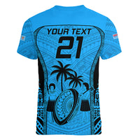 Custom Fiji Rugby Women V Neck T Shirt Go Champions World Cup 2023 Tapa Unique Blue Vibe LT9 - Polynesian Pride