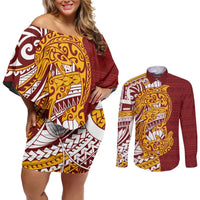 Couple Dolphins Maori Motif Couples Matching Off Shoulder Short Dress and Long Sleeve Button Shirt - Polynesian Pride