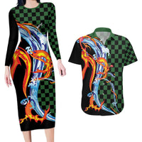 Japanese Asanoha Pattern Couples Matching Long Sleeve Bodycon Dress and Hawaiian Shirt Sun Flame Slayer Dragon Hinokami Kagura Spirit - Polynesian Pride