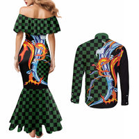 Japanese Asanoha Pattern Couples Matching Mermaid Dress and Long Sleeve Button Shirt Sun Flame Slayer Dragon Hinokami Kagura Spirit - Polynesian Pride