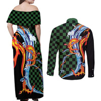 Japanese Asanoha Pattern Couples Matching Off Shoulder Maxi Dress and Long Sleeve Button Shirt Sun Flame Slayer Dragon Hinokami Kagura Spirit - Polynesian Pride