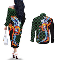 Japanese Asanoha Pattern Couples Matching Off The Shoulder Long Sleeve Dress and Long Sleeve Button Shirt Sun Flame Slayer Dragon Hinokami Kagura Spirit - Polynesian Pride