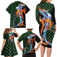 Japanese Asanoha Pattern Family Matching Long Sleeve Bodycon Dress and Hawaiian Shirt Sun Flame Slayer Dragon Hinokami Kagura Spirit - Polynesian Pride