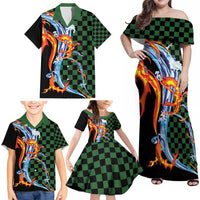 Japanese Asanoha Pattern Family Matching Off Shoulder Maxi Dress and Hawaiian Shirt Sun Flame Slayer Dragon Hinokami Kagura Spirit - Polynesian Pride