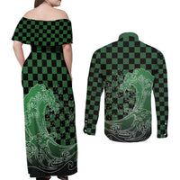 Japanese Asanoha Pattern Couples Matching Off Shoulder Maxi Dress and Long Sleeve Button Shirt Water Breathing Slayer Dragon - Polynesian Pride