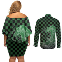 Japanese Asanoha Pattern Couples Matching Off Shoulder Short Dress and Long Sleeve Button Shirt Water Breathing Slayer Dragon - Polynesian Pride
