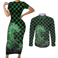 Japanese Asanoha Pattern Couples Matching Short Sleeve Bodycon Dress and Long Sleeve Button Shirt Water Breathing Slayer Dragon - Polynesian Pride