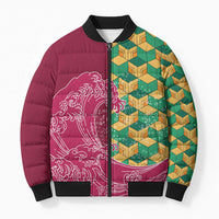 Japanese Bishamon-Kikkou Pattern Bomber Puffer Jacket Water Pillar Silent River Flow LT9 Unisex Burgundy - Polynesian Pride