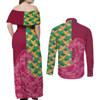 Japanese Bishamon-Kikkou Pattern Couples Matching Off Shoulder Maxi Dress and Long Sleeve Button Shirt Water Pillar Silent River Flow - Polynesian Pride