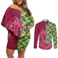 Japanese Bishamon-Kikkou Pattern Couples Matching Off Shoulder Short Dress and Long Sleeve Button Shirt Water Pillar Silent River Flow - Polynesian Pride