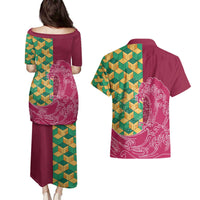 Japanese Bishamon-Kikkou Pattern Couples Matching Puletasi and Hawaiian Shirt Water Pillar Silent River Flow - Polynesian Pride