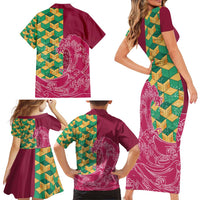 Japanese Bishamon-Kikkou Pattern Family Matching Short Sleeve Bodycon Dress and Hawaiian Shirt Water Pillar Silent River Flow - Polynesian Pride