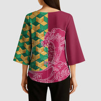 Japanese Bishamon-Kikkou Pattern Kimono Sleeve Blouse Water Pillar Silent River Flow - Polynesian Pride