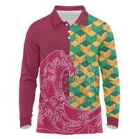Japanese Bishamon-Kikkou Pattern Long Sleeve Polo Shirt Water Pillar Silent River Flow - Polynesian Pride