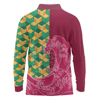 Japanese Bishamon-Kikkou Pattern Long Sleeve Polo Shirt Water Pillar Silent River Flow - Polynesian Pride