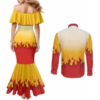 Japanese Kaen Pattern Couples Matching Mermaid Dress and Long Sleeve Button Shirt Flame Pillar Blazing Lion Heart - Polynesian Pride
