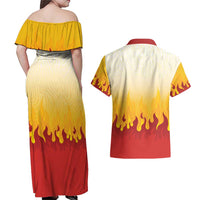 Japanese Kaen Pattern Couples Matching Off Shoulder Maxi Dress and Hawaiian Shirt Flame Pillar Blazing Lion Heart - Polynesian Pride