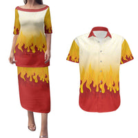 Japanese Kaen Pattern Couples Matching Puletasi and Hawaiian Shirt Flame Pillar Blazing Lion Heart - Polynesian Pride
