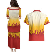 Japanese Kaen Pattern Couples Matching Puletasi and Hawaiian Shirt Flame Pillar Blazing Lion Heart - Polynesian Pride