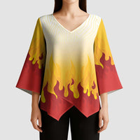 Japanese Kaen Pattern Kimono Sleeve Blouse Flame Pillar Blazing Lion Heart - Polynesian Pride