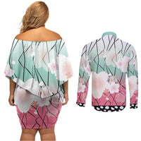 Japanese Kocho Pattern Couples Matching Off Shoulder Short Dress and Long Sleeve Button Shirt Insect Pillar Butterfly Flower Fairy - Polynesian Pride