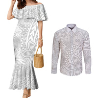 Samoa Lotu Tamait Couples Matching Mermaid Dress and Long Sleeve Button Shirts Tropical Plant White Sunday With Polynesia Pattern LT9 White - Polynesian Pride