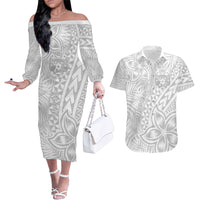 Personalised Tonga White Sunday Couples Matching Off The Shoulder Long Sleeve Dress and Hawaiian Shirt Tropical Plant With Polynesian Pattern LT9 White - Polynesian Pride