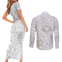 Personalised Tonga White Sunday Couples Matching Short Sleeve Bodycon Dress and Long Sleeve Button Shirts Tropical Plant With Polynesian Pattern LT9 - Polynesian Pride