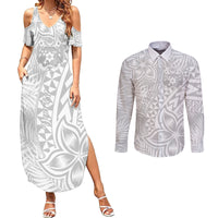 Personalised Tonga White Sunday Couples Matching Summer Maxi Dress and Long Sleeve Button Shirts Tropical Plant With Polynesian Pattern LT9 White - Polynesian Pride
