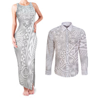 Personalised Tonga White Sunday Couples Matching Tank Maxi Dress and Long Sleeve Button Shirts Tropical Plant With Polynesian Pattern LT9 White - Polynesian Pride