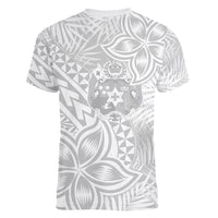 Personalised Tonga White Sunday Women V Neck T Shirt Tropical Plant With Polynesian Pattern LT9 - Polynesian Pride
