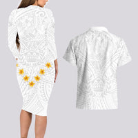 Tonga White Sunday Couples Matching Long Sleeve Bodycon Dress and Hawaiian Shirt Polynesian Plumeria Tribal Simple LT9 - Polynesian Pride