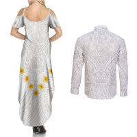 Tonga White Sunday Couples Matching Summer Maxi Dress and Long Sleeve Button Shirts Polynesian Plumeria Tribal Simple LT9 - Polynesian Pride