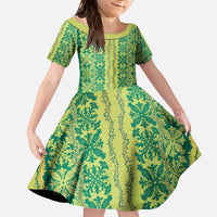Hawaii Lei with Tribal Quilt Motif Family Matching Off The Shoulder Long Sleeve Dress and Hawaiian Shirt