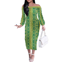 Hawaii Lei with Tribal Quilt Motif Off The Shoulder Long Sleeve Dress
