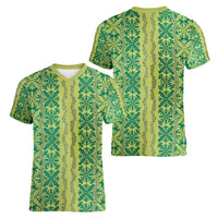 Hawaii Lei with Tribal Quilt Motif Women V-Neck T-Shirt