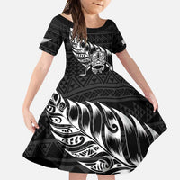 New Zealand Rugby Warrior Custom Family Matching Long Sleeve Bodycon Dress and Hawaiian Shirt Black Fern Taniko Motif
